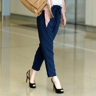 Tie-waist Chiffon Pants Navy Blue - One Size