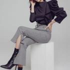 Set: Long-sleeve Ruffled Mock-neck Blouse + Boot-cut Pants