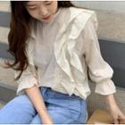 3/4-sleeve Ruffled Pintuck Blouse White - One Size