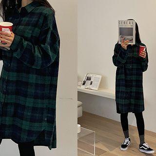 Drop-shoulder Plaid Shirtdress Green - One Size