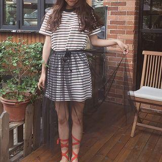 Set : Stripe Short-sleeve T-shirt + Mesh Skirt