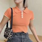Short-sleeve Heart Button Knit Cropped Polo Shirt