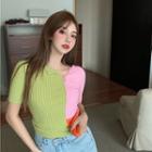 Short-sleeve Color Block Knit Top Green & Pink - One Size