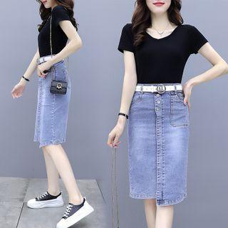 Set Of 2 - V-neck Top + Asymmetrical Panel Denim Skirt