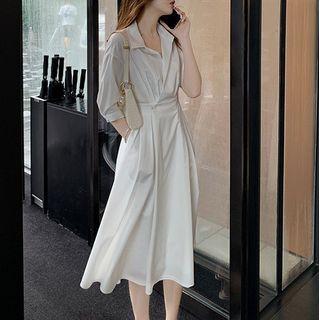Elbow Sleeve Plain Placket Shirtdress