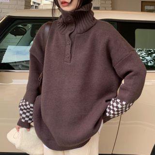 Turtleneck Checkerboard Trim Henley Sweater