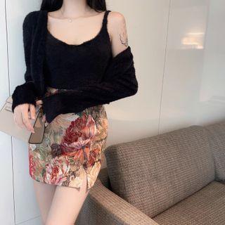 Set: Furry-knit Crop Tank Top + Light Cardigan / Flower-print Mini Skirt