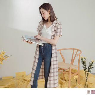 Short-sleeve Tie-waist Check Shirtdress