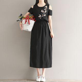 Flower Embroidered Cut Out Shoulder Short Sleeve Midi Dress