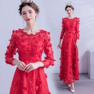 Fringed 3/4-sleeve A-line Evening Gown