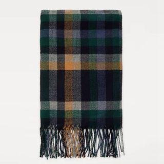 Plaid Fringed Scarf Dark Blue & Green & Yellow - One Size