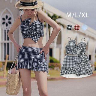 Bow-accent Plaid 2-piece Swimdress