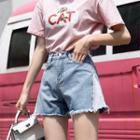 Frayed Hem Wide-leg Paneled Denim Shorts