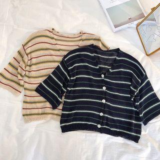 Color-block Striped V-neck Short-sleeve Knit Top