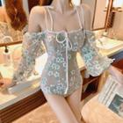 Flower Embroidered Cold-shoulder Swimsuit
