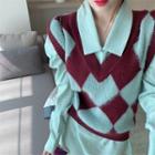 Argyle Knit Vest / Long-sleeve Collared Mini A-line Dress