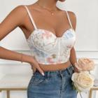 Strapless Floral Embroidered Lace-up Cropped Corset Top