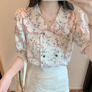 Short-sleeve Double Breasted Floral Print Blouse
