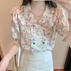 Short-sleeve Double Breasted Floral Print Blouse