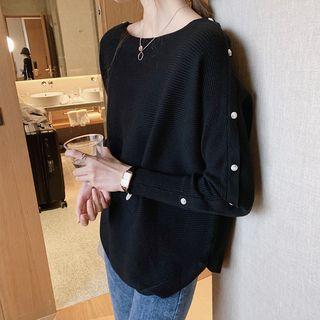 Buttoned-sleeve Ribbed Knit Top