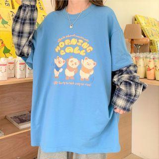 Mock Two Piece Long Sleeve Plaid Print T-shirt