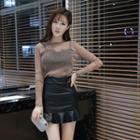 Set: Long-sleeve Sheer Mesh Top + Spaghetti Strap Top + Faux Leather Mini Skirt