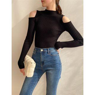 Mock Turtleneck Cold-shoulder Knit Top