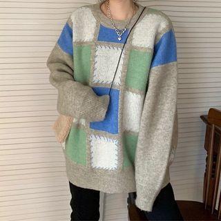 Long-sleeve Plaid Knit Sweater Blue & Green - One Size