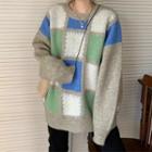 Long-sleeve Plaid Knit Sweater Blue & Green - One Size