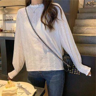 Long-sleeve Ruffle Trim Crochet Shirt As Shown In Figure - One Size