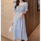 Short-sleeve Lace Trim Square-neck Floral Midi Dress