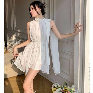 Tie-neckline Mini Halter Dress With Sash