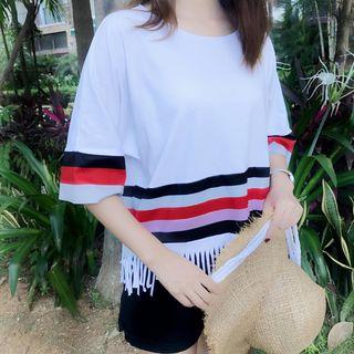 Fringed Colour Block Elbow-sleeve T-shirt