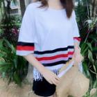 Fringed Colour Block Elbow-sleeve T-shirt