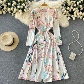 Round-neck Flower Print Long-sleeve Dress