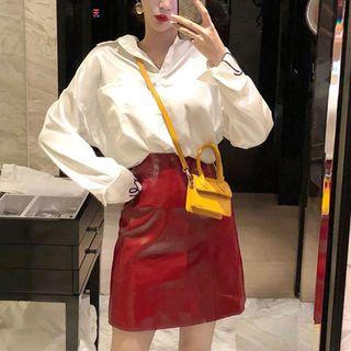 Lettering Embroidered Shirt / Faux Leather Mini A-line Skirt