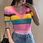 Striped Short-sleeve V-neck Knit Top Stripe - Multicolor - One Size