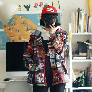 Print Hooded Zip Jacket As Shown In Figure - One Size