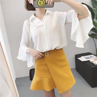 Plain V-neck Chiffon Bell Sleeve Loose-fit Blouse