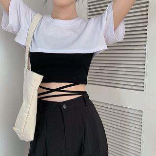 Short-sleeve Crop Top / Spaghetti Strap Tie-waist Top