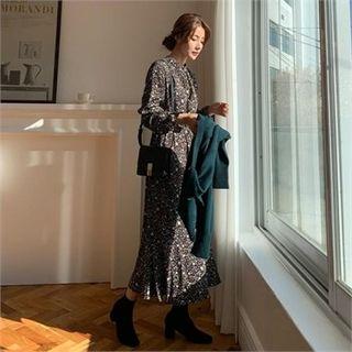 Mock-neck Shirred Maxi Floral Dress