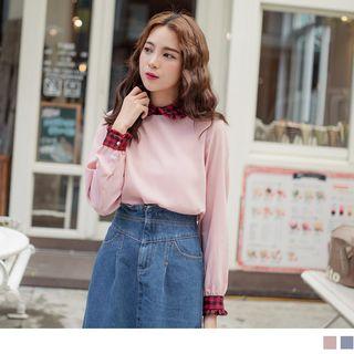 Contrast Plaid Trim Peter Pan Collar Top