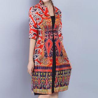 Set: Patterned Elbow Sleeve Long Coat + Plain Dress