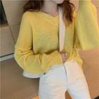 Plain V-neck Long-sleeve Knit Pullover / Plain High-waist Jeans
