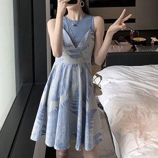 Sleeveless / Spaghetti Strap Leaf Pattern A-line Dress