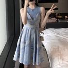 Sleeveless / Spaghetti Strap Leaf Pattern A-line Dress