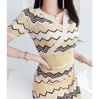 Chevron Knit Crop Top & Midi Skirt Set Yellow - One Size