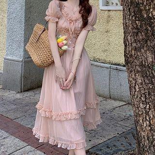Puff-sleeve Ruffled Top / Midi A-line Skirt