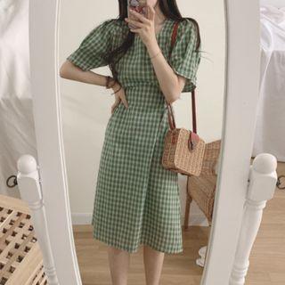 Square-neck Plaid Lantern-sleeve Slim Fit Dress