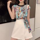 Set: Printed Short-sleeve Chiffon Top + Mini A-line Skirt